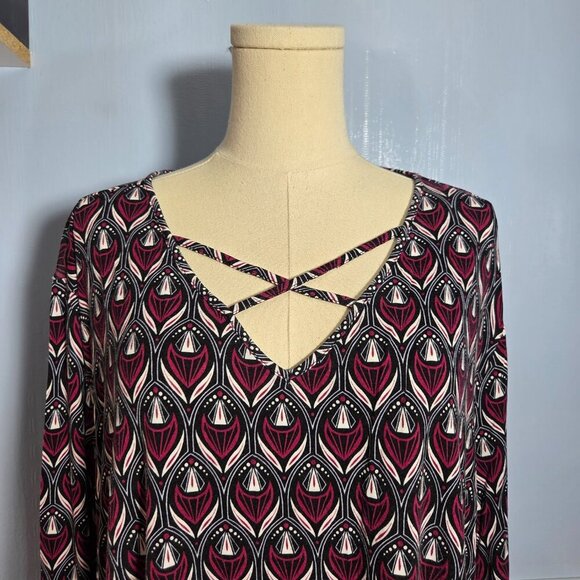 Cato 26/28 Pinky Maroon Black Print Criss Cross Longsleeve Casual Top - Picture 2 of 11